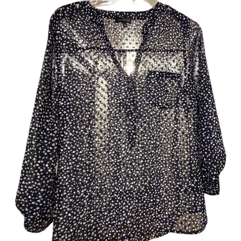 The Limited Navy Blue Heart Print Sheer Blouse Gold Button Roll Tab Sleeve S - Picture 7 of 11